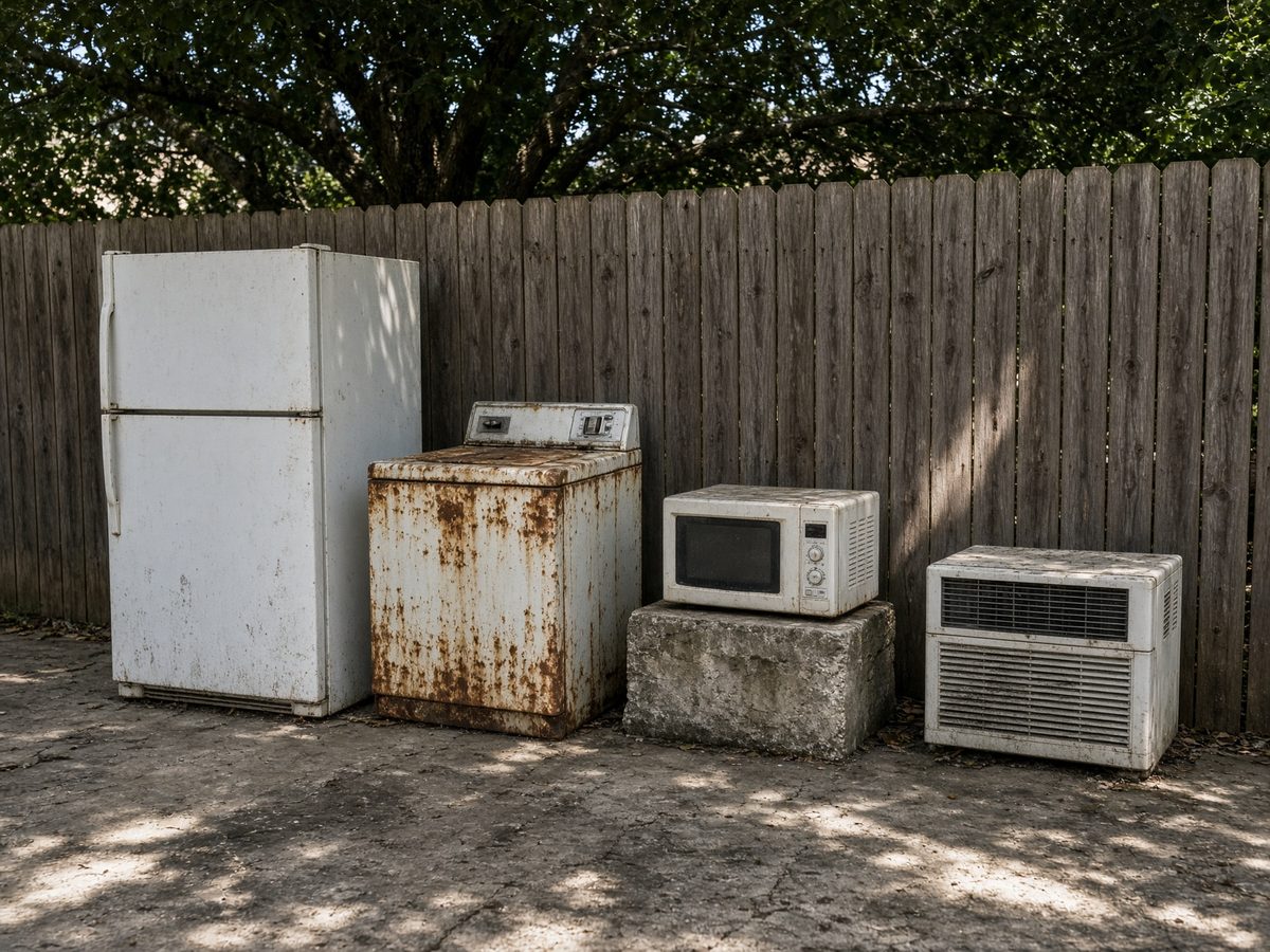 Old refrigerator, washer, and window AC on a patio