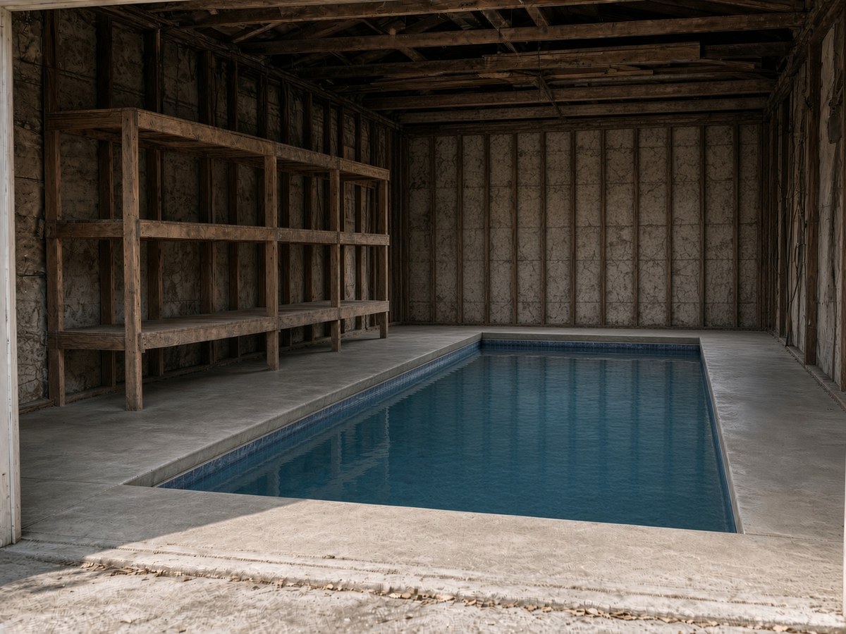 The same garage, now with an in-ground pool where the junk was