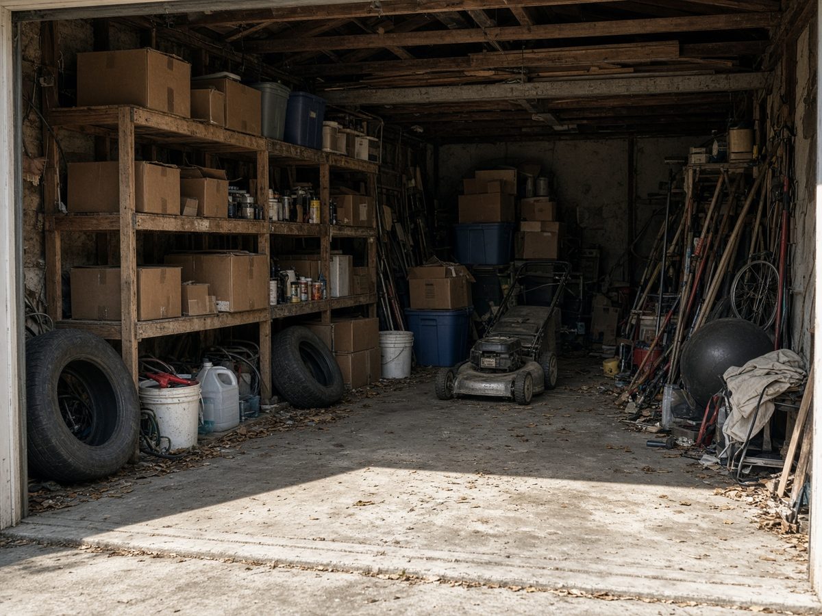 Packed suburban garage full of boxes and forgotten gear