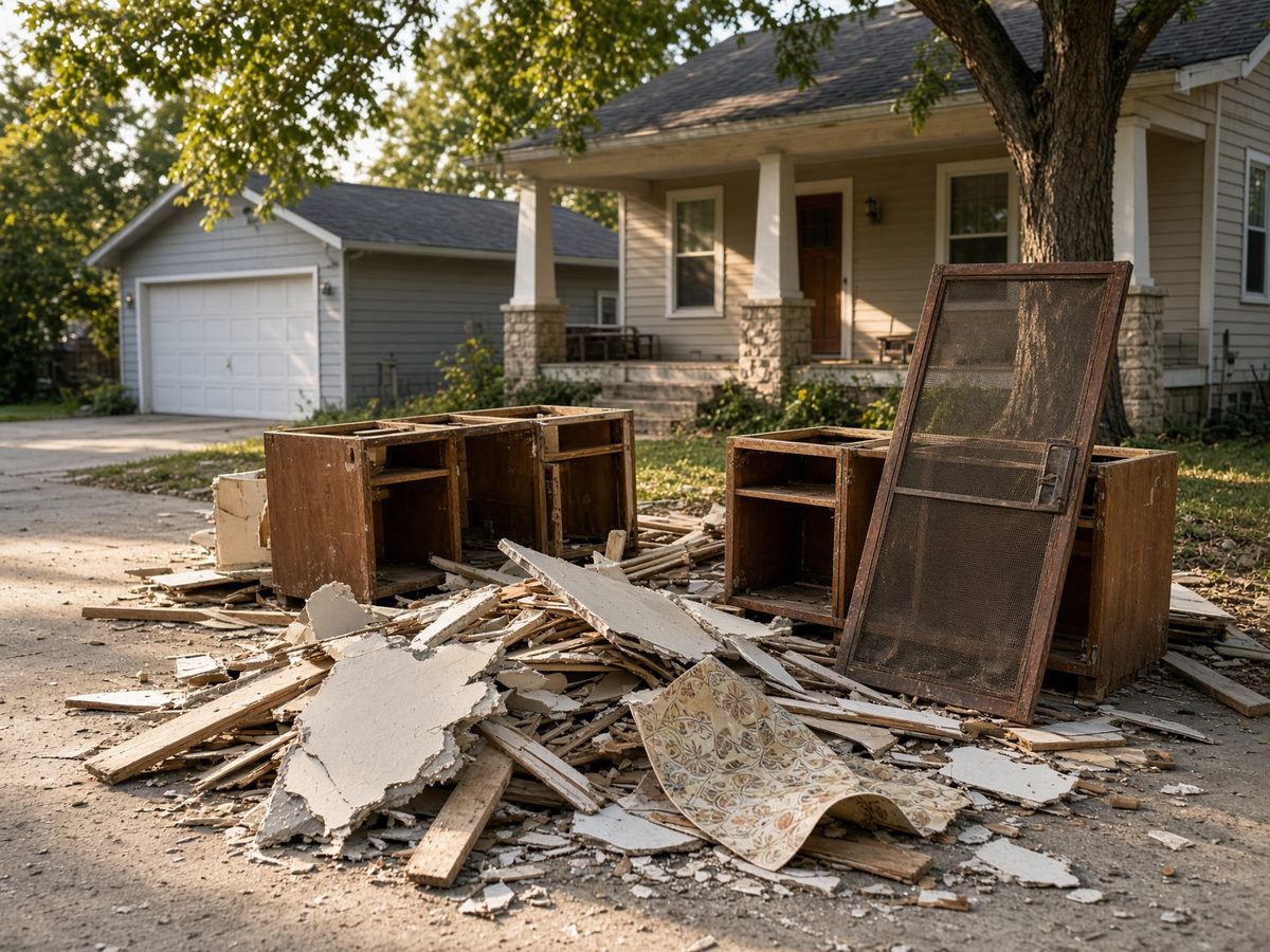 Renovation debris and old cabinets on a driveway
