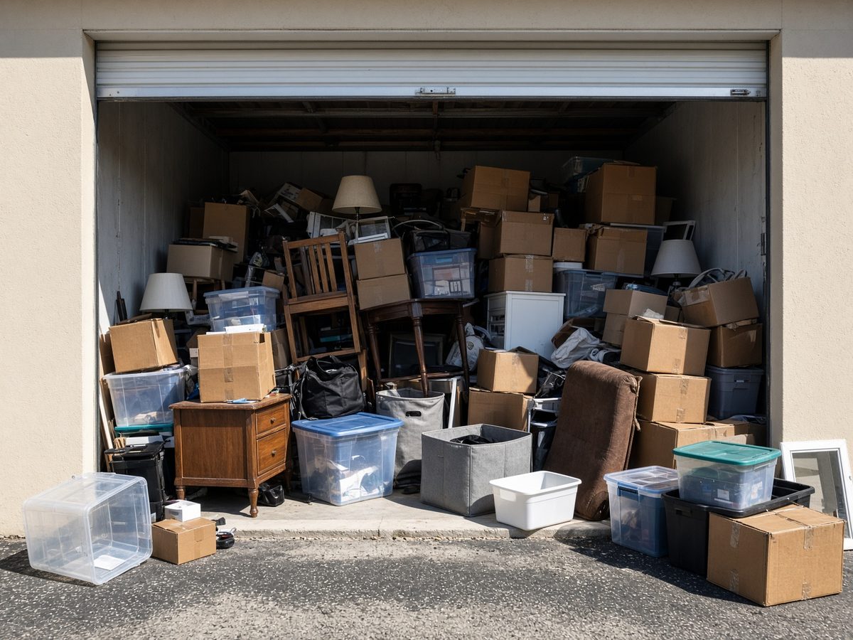 Overflowing self-storage unit with the door rolled up
