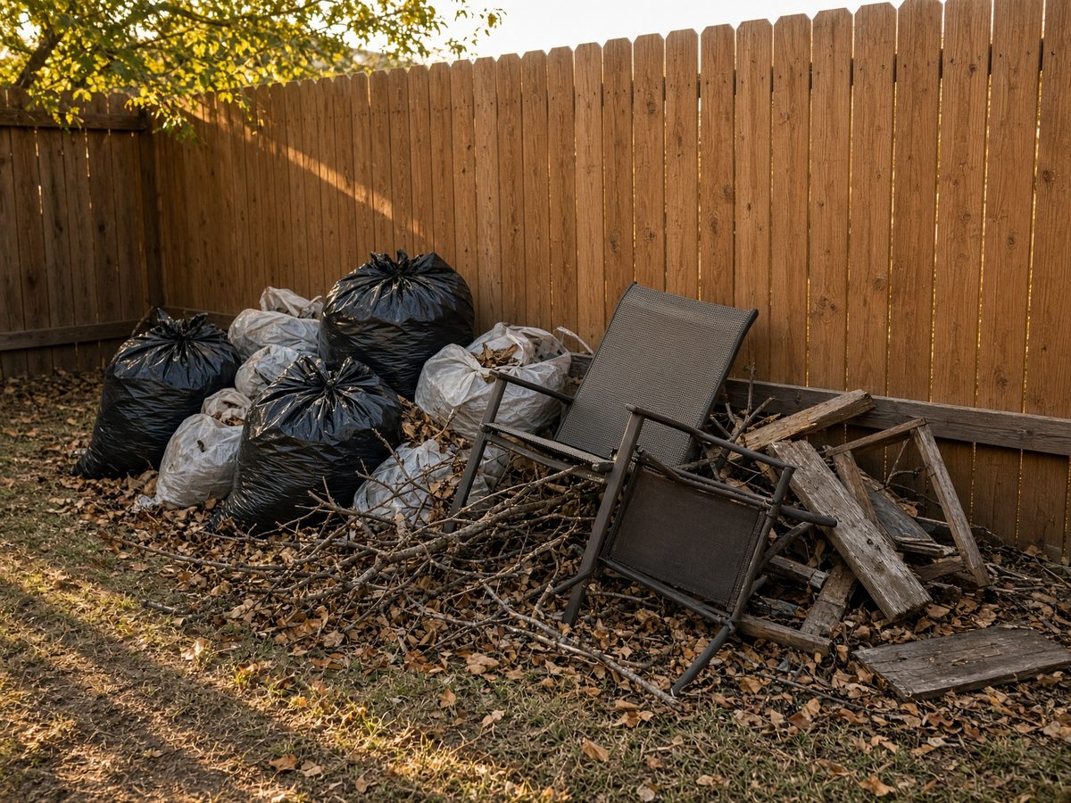 Yard debris and broken patio furniture against a cedar fence